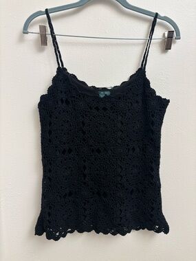 Vintage Lauren Ralph Lauren Hand Knit Silk Cotton Crocheted Cami Black Small Y2K